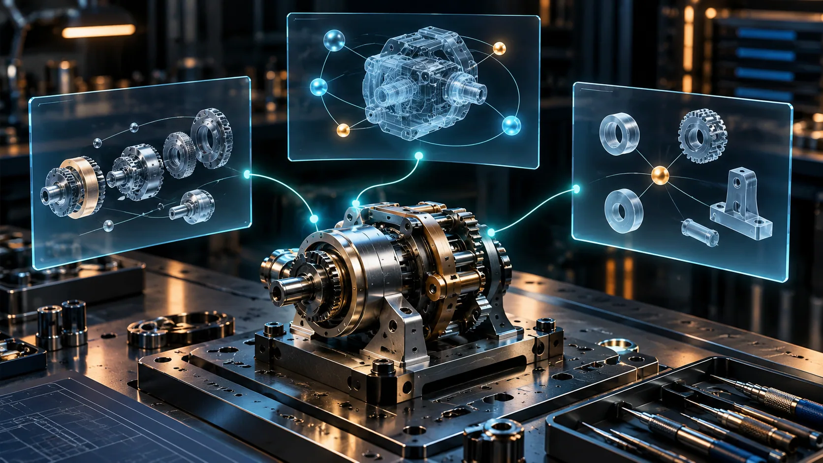 Concept illustration of connected engineering tasks around a mechanical assembly.