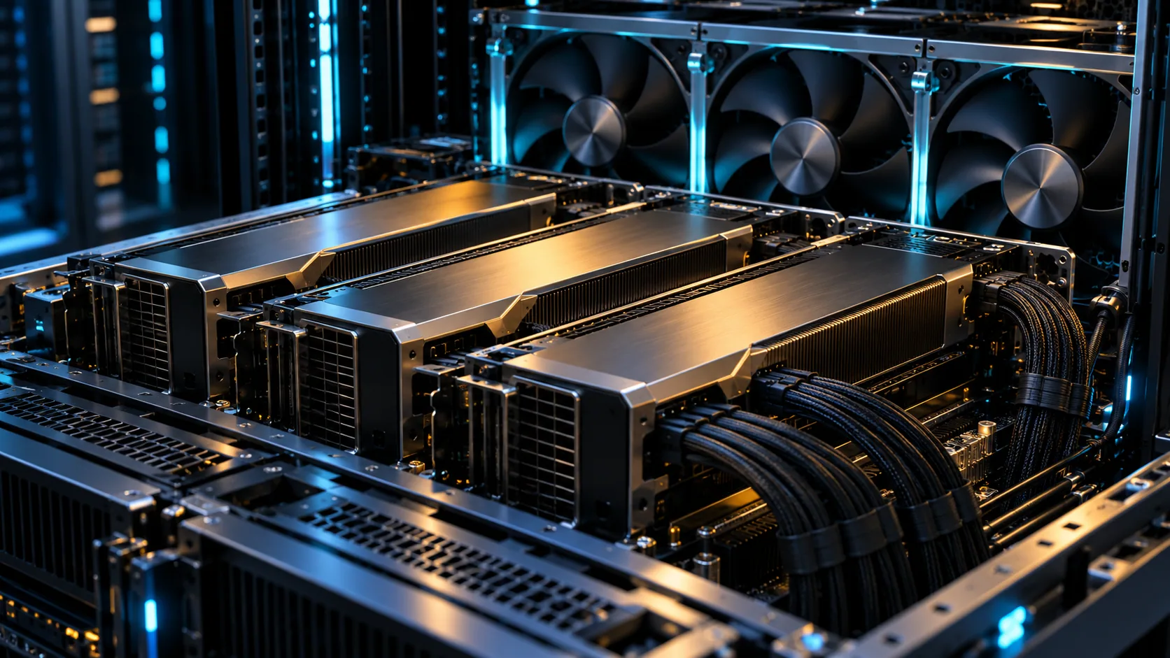 Concept illustration of graphics-processor server hardware with cooling fans.