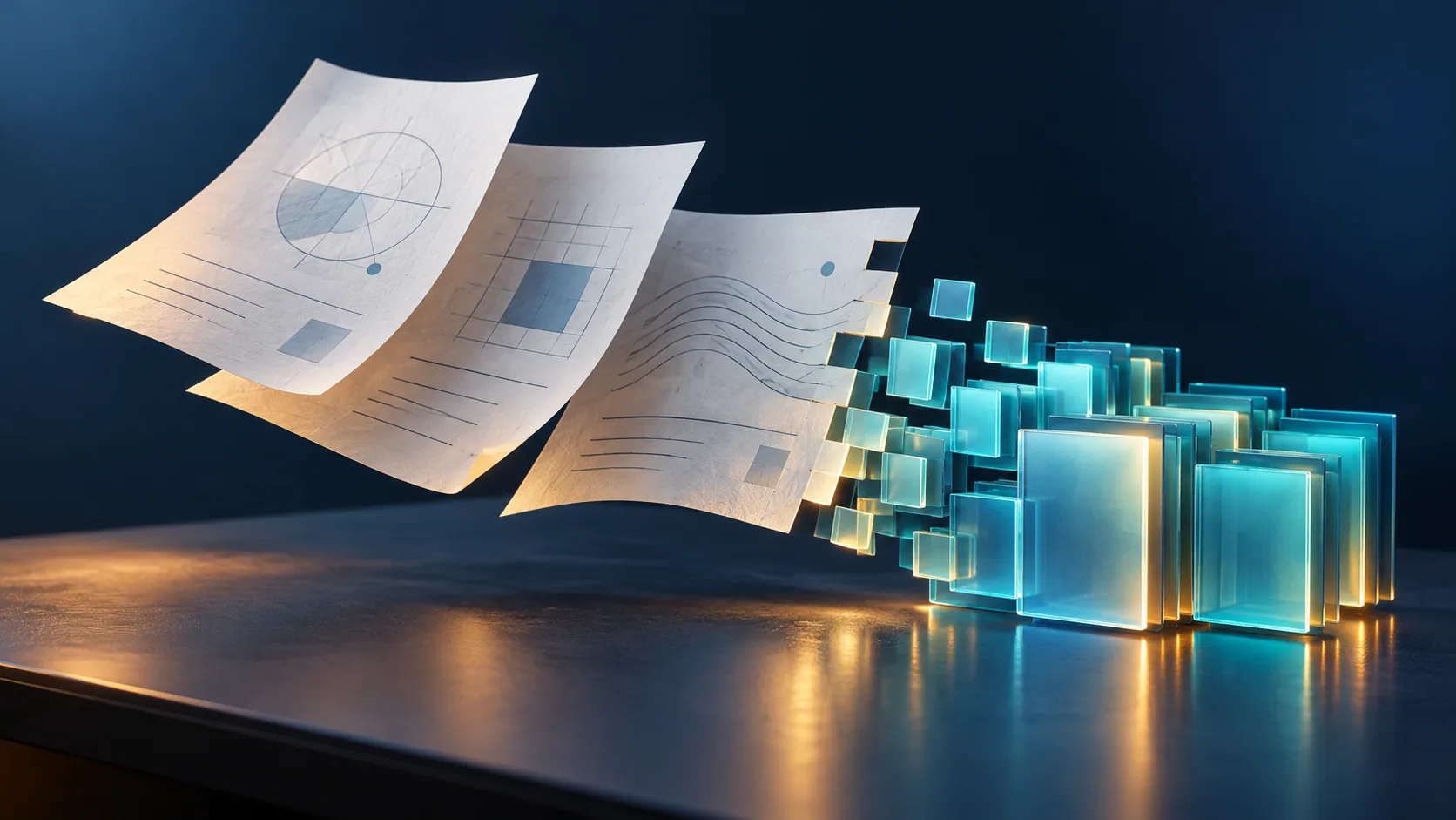 Concept illustration of technical documents becoming organised digital information.
