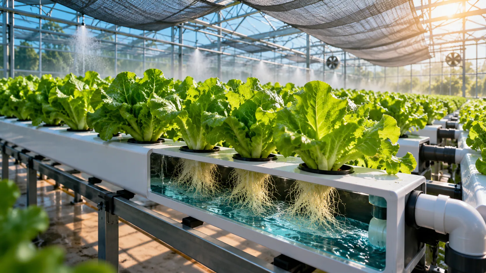 Concept illustration of a hydroponic greenhouse with plants, water channels and mist.