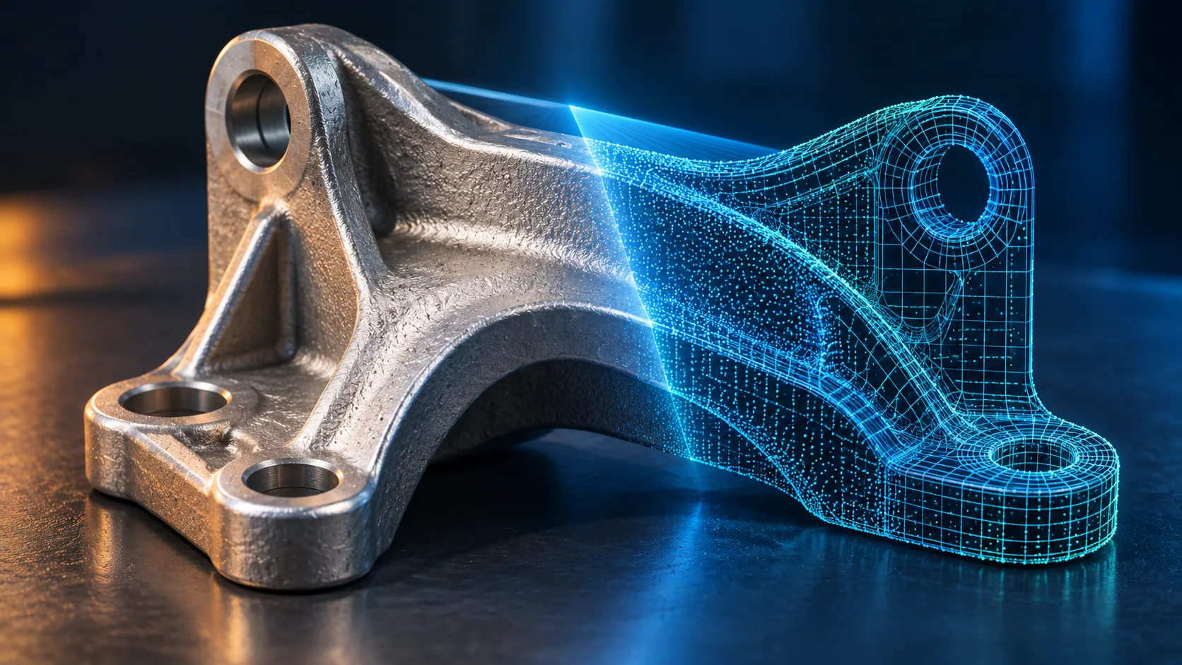 Concept illustration of a scanned metal component becoming an editable digital model.