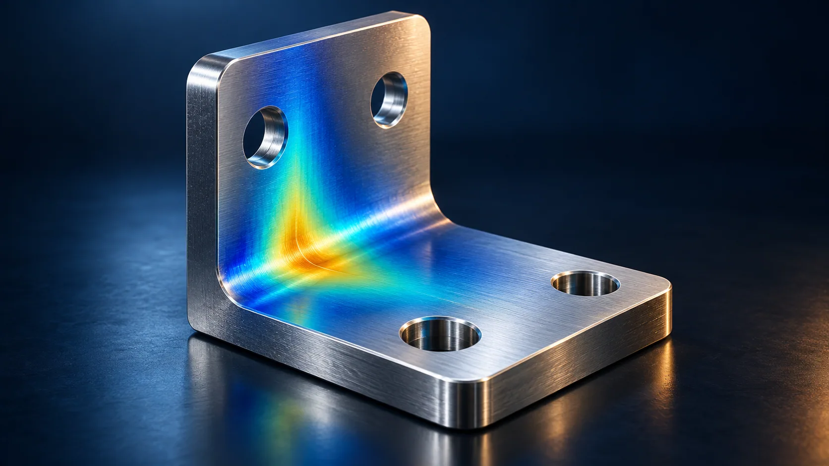 Concept illustration of a mechanical bracket with a coloured stress-field overlay.