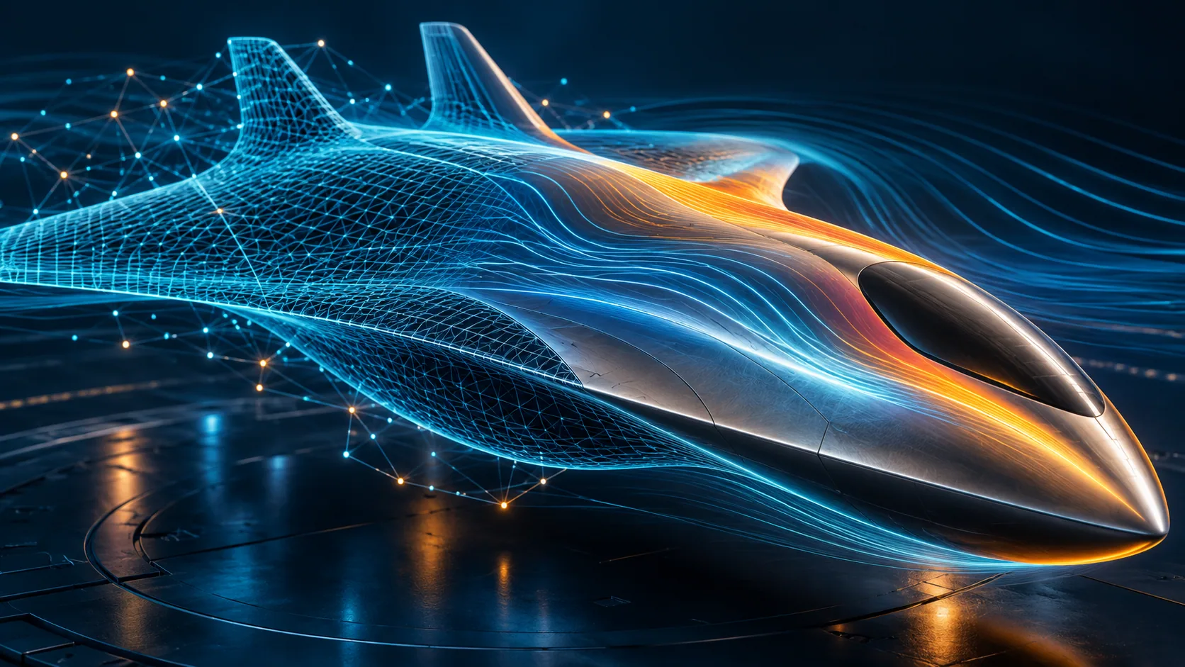 Concept illustration of a physical field evolving from a computational mesh into an AI prediction.